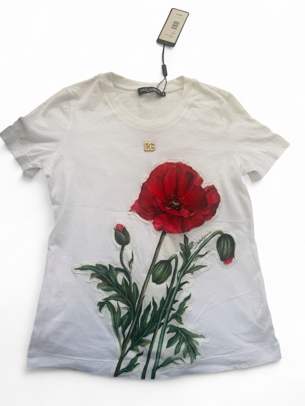 Dolce & Gabbana White Tee with Red Poppy Motif